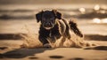 dog on the beach An energetic puppy dog running along a sandy beach, with gentle sand lapping at its paws