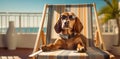 relax dog funny pet sunglasses lazy vacation beach chair summer. Generative AI.