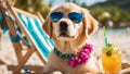 dog on the beach A golden retriever puppy with a comical expression, wearing oversized sunglasses