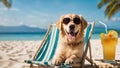 dog on the beach A golden retriever puppy with a comical expression, wearing oversized sunglasses lounging