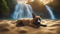 dog on the beach highly of Staffordshire Terriers Bull puppy sleeping on the beach near a waterfall Royalty Free Stock Photo