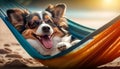 The dog on the beach lies in a hammock with a cocktail smiles happy in sunglasses. Generative AI, Royalty Free Stock Photo