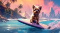 dog beach ocean funny vacation summer puppy wave animal surfer. Generative AI.