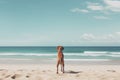 Dog on the beach with sea and blue sky - vintage filter effect, AI Generated