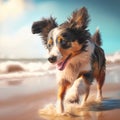 Dog beach summer activity. Australian shepherd dog in fun and enjoy playing summer beach. Royalty Free Stock Photo