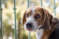 Dog of the Beagle breed sitting on the windowsill and stares out the window Royalty Free Stock Photo