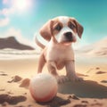 Dog beagle summer playing activity. Dog beagle cute puppy standing in sand