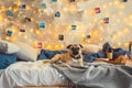 Dog on the bed in bedroom decorated no people