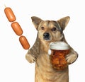 Dog with beer and a sausage skewer Royalty Free Stock Photo