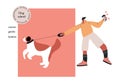 Dog behavior, training school concept. Funny person with pet