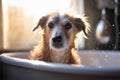 Dog being washed in bath tube full of foam. Generative AI i Royalty Free Stock Photo