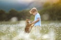 A dog is the best friend for a child . Animal with human outdoors Royalty Free Stock Photo