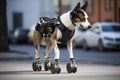 Dog with bionic prosthetic paws on wheels. Generative AI