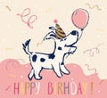 Dog birthday card cool design. Greeting post card template. Poppy date of birth. Happy birthday slogan.