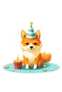 A dog with a birthday hat sitting next to a cupcake. Generative AI image. Happy Birthday cute greeting card. Royalty Free Stock Photo