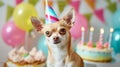 Dog Birthday party with cake candle and birthday caps. Birthday party for chihuahua puppy on a background of one color Royalty Free Stock Photo