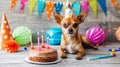 Dog Birthday party with cake candle and birthday caps. Birthday party for chihuahua puppy on a background of one color Royalty Free Stock Photo