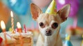 Dog Birthday party with cake candle and birthday caps. Birthday party for chihuahua puppy on a background of one color Royalty Free Stock Photo