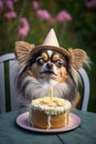 Dog birthday party. Chihuahua dog sits at table with birthday cake outdoors. Photorealistic AI generative illustration.