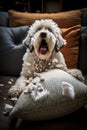 Dog that destroys the sofa cushions with a surprised face, Illustration. Generative AI
