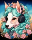 Dog with blue hair in headphones in Art Nouveau, watercolor drawing in turquoise, peach fuzz tones