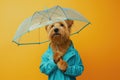 Dog in blue raincoat holding open transparent umbrella, autumn season concept.
