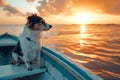 Dog on a boat near the beach. Small dog in a wooden boat on the lake. Generative AI Royalty Free Stock Photo