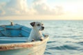 Dog on a boat near the beach. Small dog in a wooden boat on the lake. Generative AI Royalty Free Stock Photo