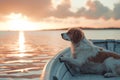 Dog on a boat near the beach. Small dog in a wooden boat on the lake. Generative AI Royalty Free Stock Photo