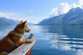 dog at boats prow with lake and mountains in distance