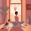 dog body woman fitness home yoga sport stretching lifestyle cartoon training. Generative AI. Royalty Free Stock Photo