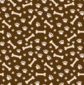 Dog bones seamless pattern. Bone and traces of puppy paws repetitive texture. Doggy endless background. Vector