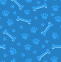 Dog bones seamless pattern. Bone and traces of puppy paws repetitive texture. Doggy endless background. Vector