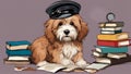 dog and book A comical reddish Havanese puppy with a detective hat and a magnifying glass, sitting next to a pile of books Royalty Free Stock Photo