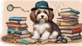 dog with books A comical reddish Havanese puppy with a detective hat and a magnifying glass, sitting next to a pile of books