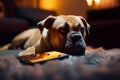 The dog is bored and waiting for the owner. The dog calls on the phone and talks to the owner. Boxer home alone