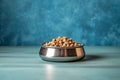 dog bowl with dry food on wooden table on blue background copy space generative ai pets care Royalty Free Stock Photo