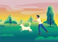 Dog and boy/man playing in garden vector illustration Royalty Free Stock Photo