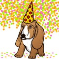 Dog breed Basset in a hat sitting