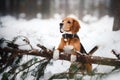 Dog breed Beagle walking in winter, portrait