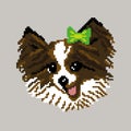 A dog of breed Black Chihuahua with a green bow silhouette face muzzle painted squares, pixels