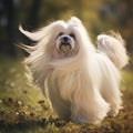 Dog breed Maltese runs across the field, long white wool flutters in the wind,