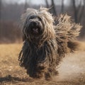 Dog breed Puli runs across the field, long black wool flutters in the wind,