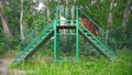 Dog breed red irish setter rinning on stairs outdoors at summer park