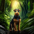 Dog breed Yorkshire Terrier in a green forest on a stone in the rain Generative AI