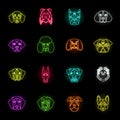 Dog breeds neon icons in set collection for design.Muzzle of a dog vector symbol stock web illustration.