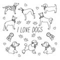 Dog breeds. Set with the inscription I love dogs