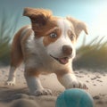 Dog britany summer play activity. Dog britany cute doggy breed playing ball toy