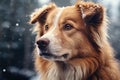 Dog with brown and white coat is standing in snow Royalty Free Stock Photo