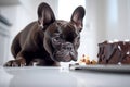 Dog with cake with chocolate on kitchen table.